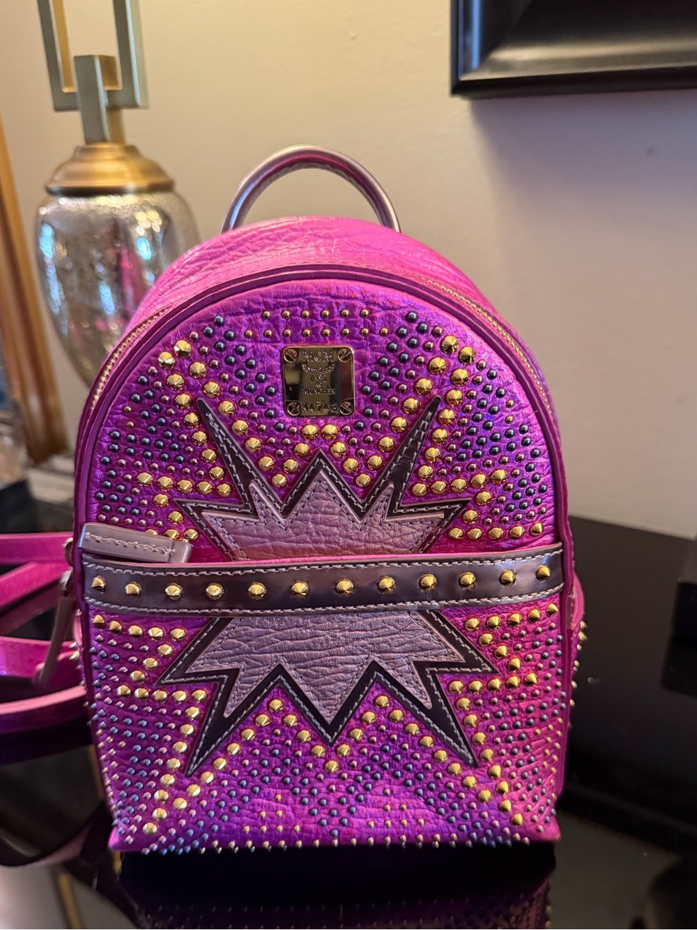 MCM Metallic Pink Star Studded Mini Backpack like new